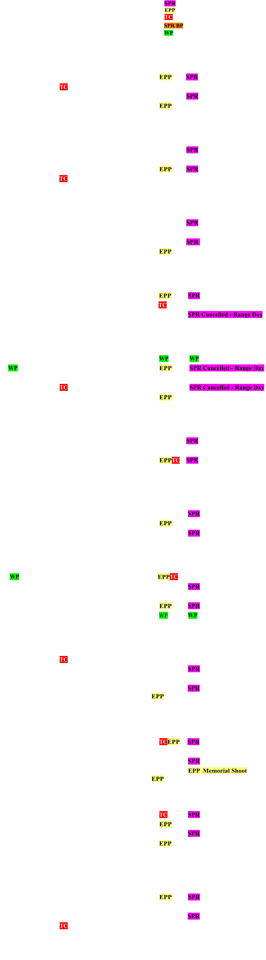SPR	=  Sprotbrough EPP	       =  Epperstone ( ALL PM 1 - 4 ) TC	       =  500 Yard Range SPR BP	=  Sprotbrough Black Powder WP	        =  500 Yard Range Work Party  Calendar 2026   A full list of range days and work party dates for 2026    January 2026 Monday Tuesday Wednesday Thursday Friday Saturday Sunday    1 2 3     4              5   6 7  8		 9 10 EPP 11 SPR 12 13		 14 TC  15 16 17 18  19  20 21 22 23 24 25 SPR 26 27 28  29 30  31 EPP   February 2026 Monday Tuesday Wednesday Thursday Friday Saturday Sunday   	            1    2 3 4  5 6 7 8   SPR 9 10 11 12 13 14   15           16 17 18 19 20 21 EPP   22 SPR 23 24 25 TC 26 27 28   March 2026 Monday Tuesday Wednesday Thursday Friday Saturday Sunday 30 31        1 2 3 4 5 6 7 8   SPR 9 10 11 12 13 14 15 16 17 18 19 20 21   22 SPR   23 24 25  26 27 28 EPP 29           April 2026 Monday Tuesday Wednesday Thursday Friday Saturday Sunday   1 2  3 4 5 6 7 8 9 10 11 EPP 12  SPR 13 14 15 16 17 18 TC   19           20 21 22 23 24 25 26  SPR Cancelled - Range Day 27  28 29 30      May 2026 Monday Tuesday Wednesday Thursday Friday Saturday Sunday      1 2   WP 3     WP      4  WP 5 6 7 8 9   EPP 10   SPR Cancelled - Range Day 11 12 13 14 15 16   17           18 19 20 TC  21 22 23    24   SPR Cancelled - Range Day  25  26 27  28 29 30 EPP  31            June 2026 Monday Tuesday Wednesday Thursday Friday Saturday Sunday 29  30                  1 2 3  4 5 6  7   SPR  8 9 10  11 12 13     14 15 16 17 18 19 20 EPPTC 21 SPR  22 23 24 25 26 27  28           July 2026 Monday Tuesday Wednesday Thursday Friday Saturday Sunday   1 2 3 4 5 6 7 8 9 10 11 12  SPR  13 14 15 16 17 18 EPP 19          20 21 22  23 24 25  26  SPR  27 28 29   30 31                  August 2026 Monday Tuesday Wednesday Thursday Friday Saturday Sunday 31 WP      1  EPPTC 2            3 4 5 6 7 8  9    SPR 10 11 12 13 14 15    16        17 18 19 20 21 22 EPP  23  SPR 24    25 26 27 28 29 WP   30  WP         September 2026 Monday Tuesday Wednesday Thursday Friday Saturday Sunday                1 2   TC 3 4 5 6    7 8 9 10 11 12  13  SPR 14 15 16 17 18 19   20   21 22 23 24 25 26 EPP  27  SPR             28 29  30         October 2026 Monday Tuesday Wednesday Thursday Friday Saturday Sunday     1 2 3 4 5 6 7  8 9 10 TCEPP 11  SPR 12 13 14 15  16  17  18   19 20 21 22 23 24  25  SPR 26 27 28 29 30  31 EPP            EPP  Memorial Shoot November 2026 Monday Tuesday Wednesday Thursday Friday Saturday Sunday 30        1         2 3 4    5 6 7   TC    8    SPR  9 10 11  12 13 14 EPP  15 16 17 18 19 20 21 22  SPR 23 24 25 26 27 28 EPP 29           December 2026  Monday Tuesday Wednesday Thursday Friday Saturday Sunday                1 2 3 4 5 6    7 8 9 10 11 12 EPP 13  SPR 14 15 16   17 18 19  20           21 22 23   24 25 26 27  SPR 28 29 30 TC  31         Generated by  FreeHTMLCalendar.com Copyright © 2011 John Dalbey.